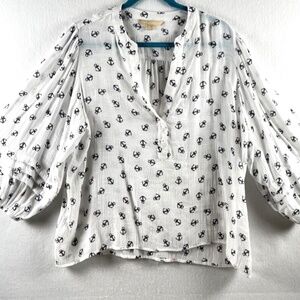 Hope & Harlow Blouse Shirt Anchor Nautical White Gray 1/2 Button Down XL